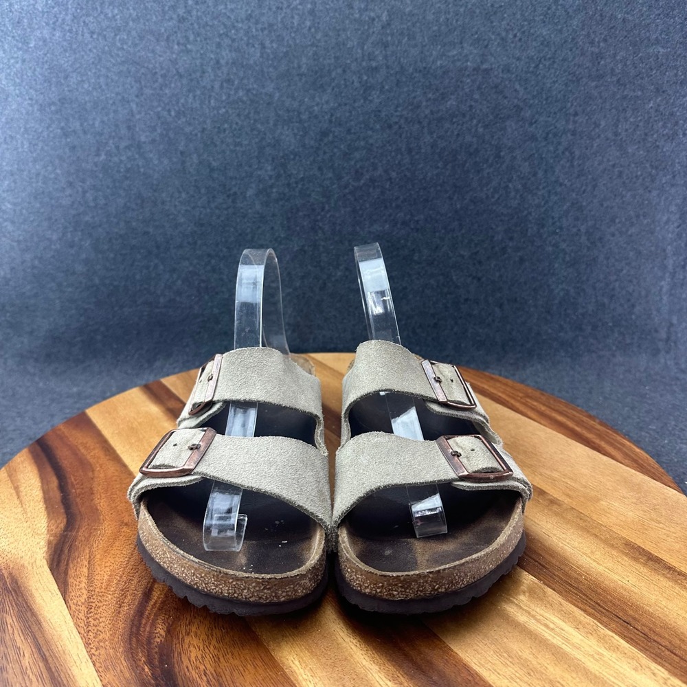 Birkenstock Arizona Suede Sandals Taupe Women Size 8 Two Strap Cork Slide - Picture 4 of 14